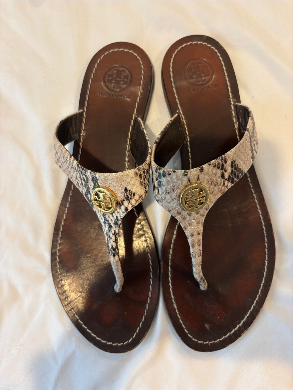 Tory Burch Snake-Print Thong Sandals with Gold Logo